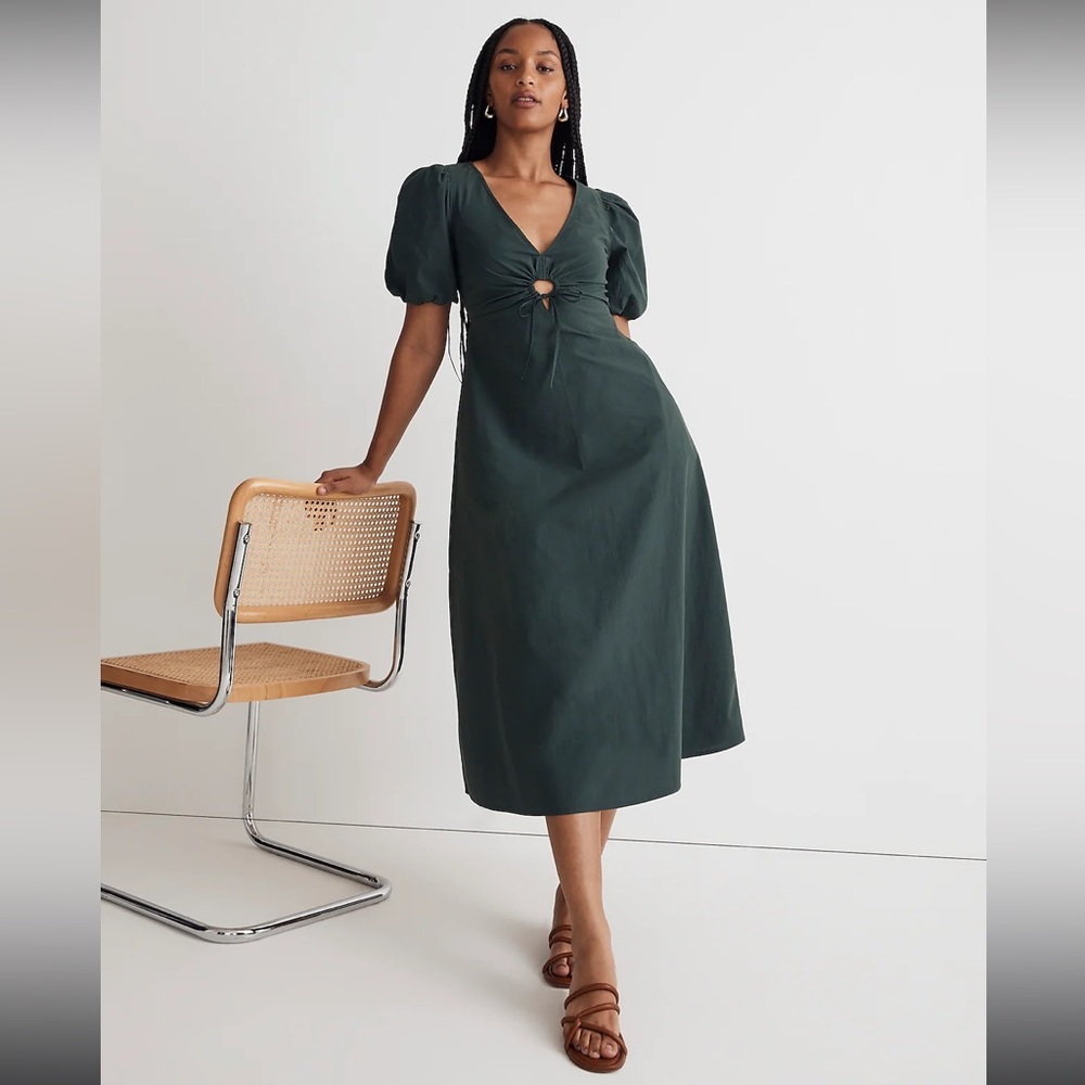 Madewell Poplin Cut-Out Puff Sleeve Midi Dress